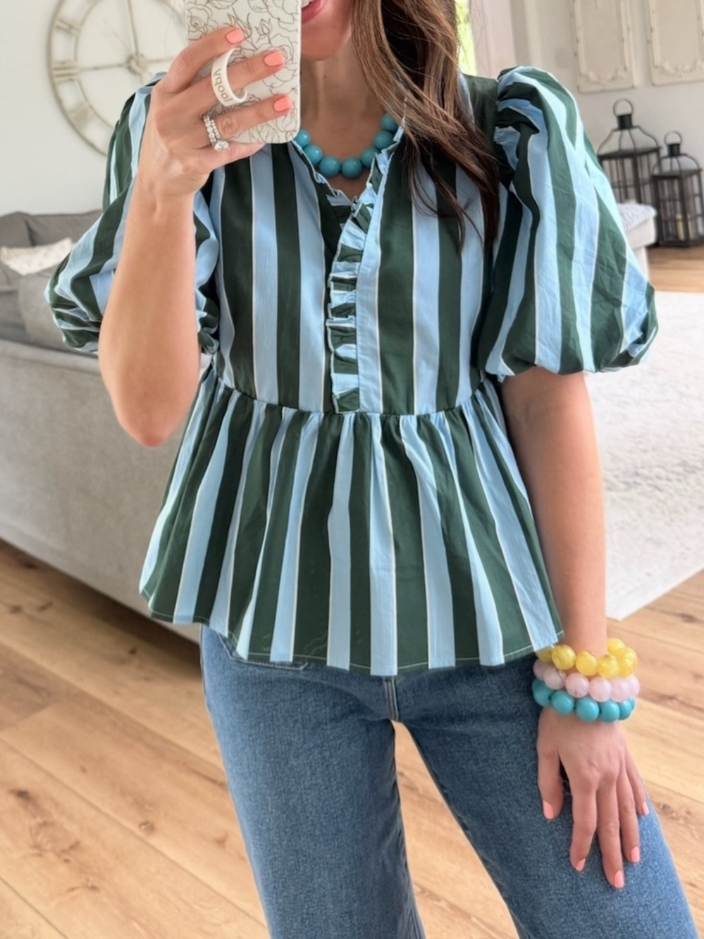 Striped Peplum Puff-Sleeve Top in Sage and Light Blue🎆